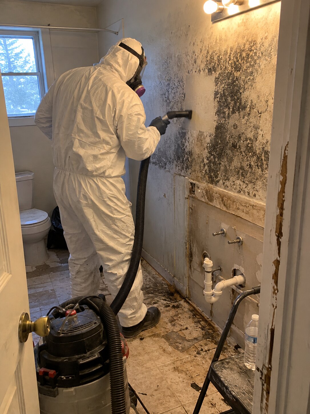 Black mold removal behind bathroom vanity by Vault Mold Removal