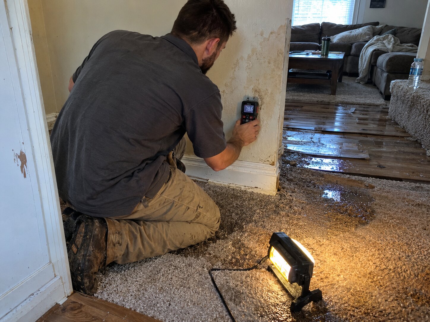Moisture reading on damaged drywall by Vault Mold Removal