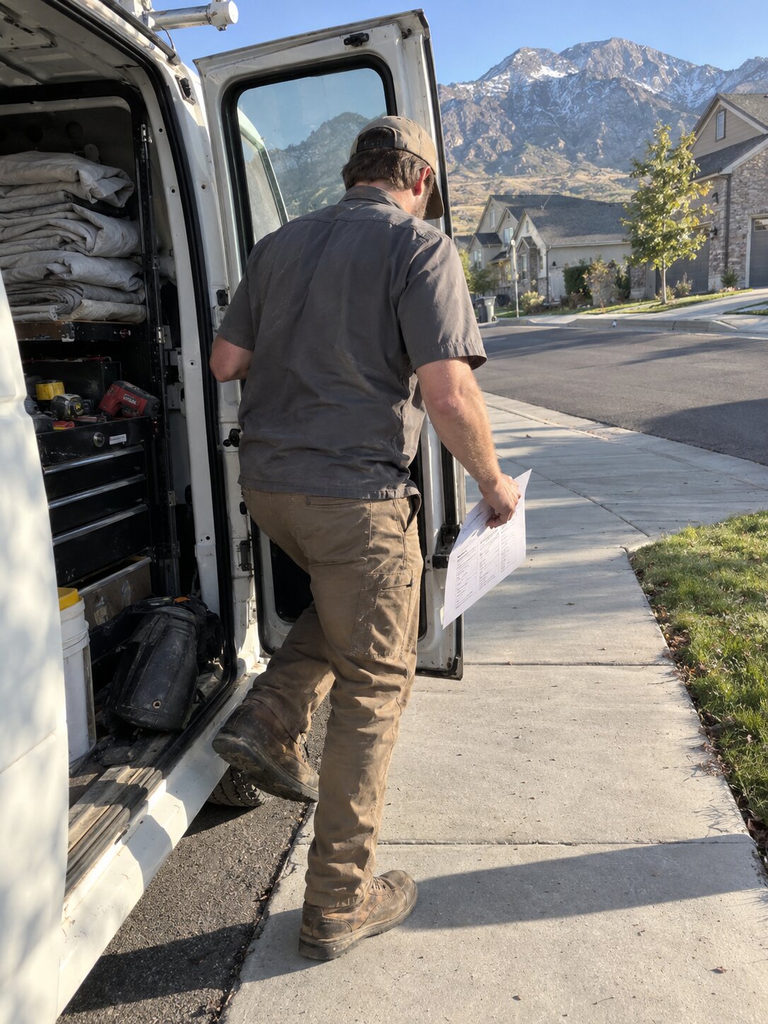 Technician arriving in a service area neighborhood in Mapleton Ut by Vault Mold Removal