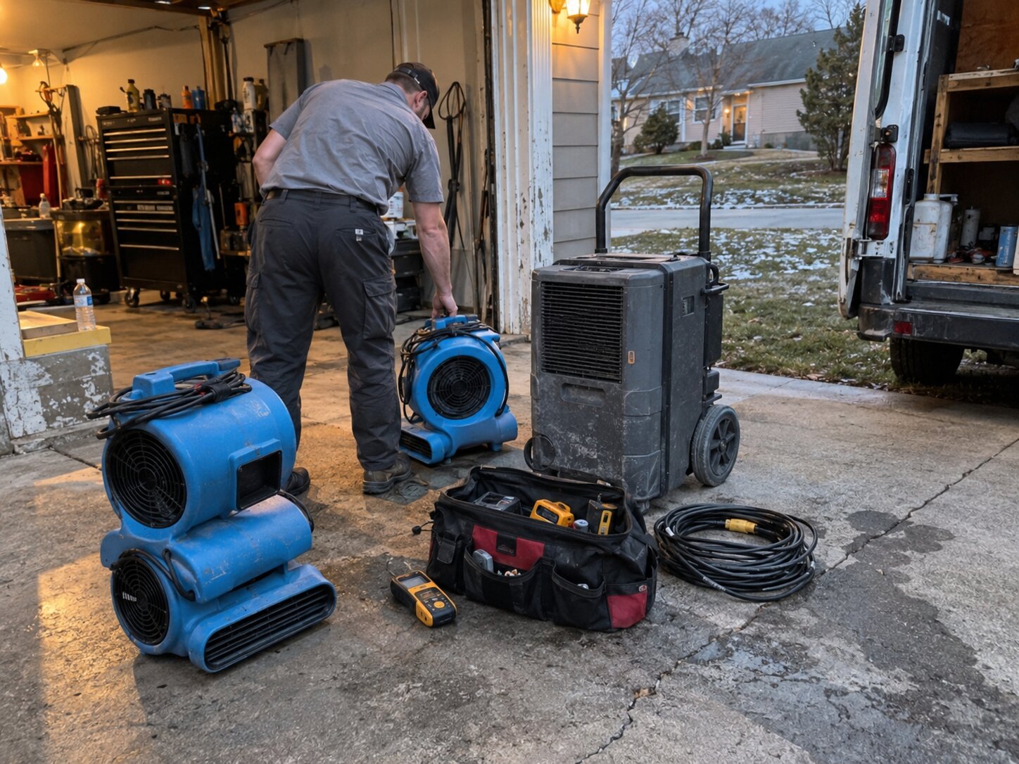 Staging equipment before a service day by Vault Mold Removal