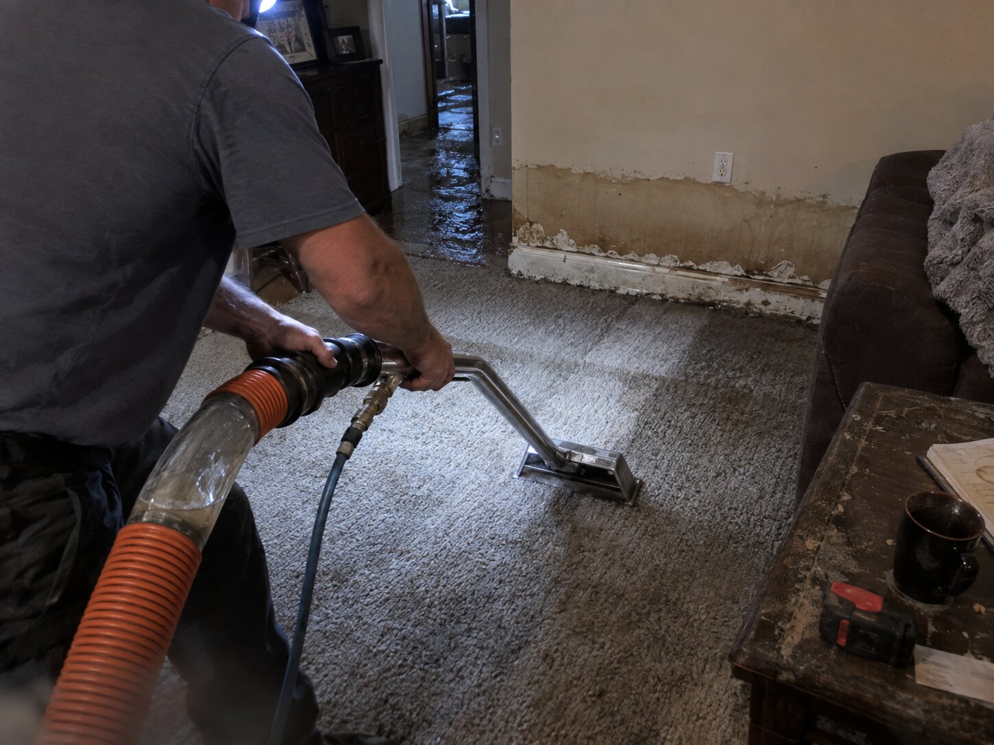 Water extraction from flooded carpet in Reconstruction Repairs by Vault Mold Removal