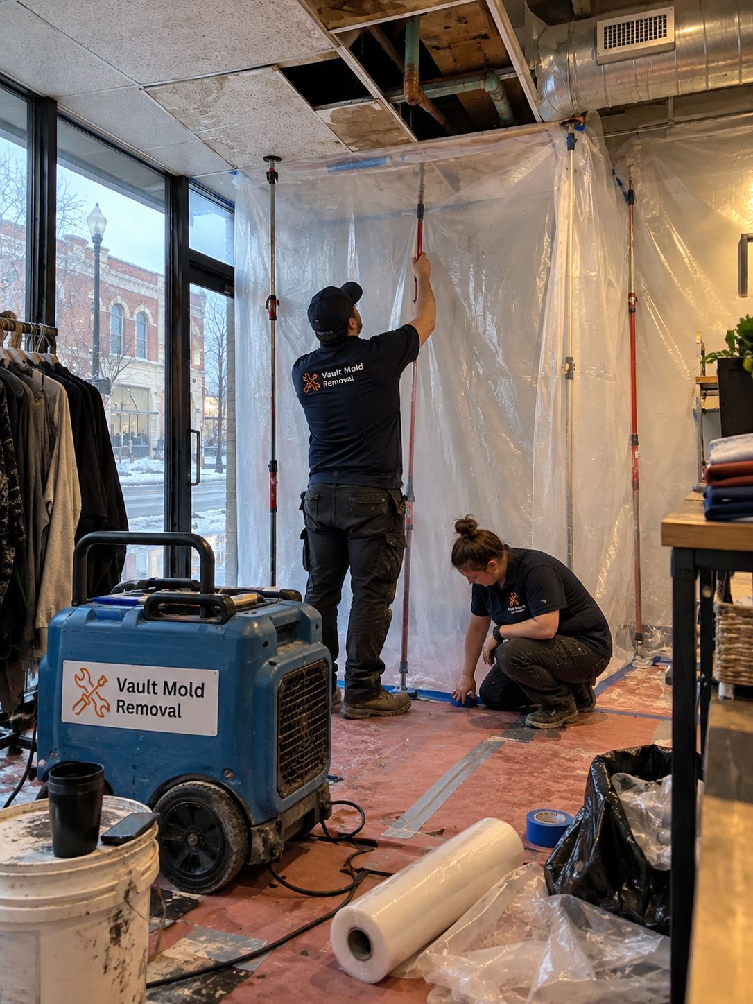 ZipWall and plastic containment set up on a Downtown, Provo water damage job