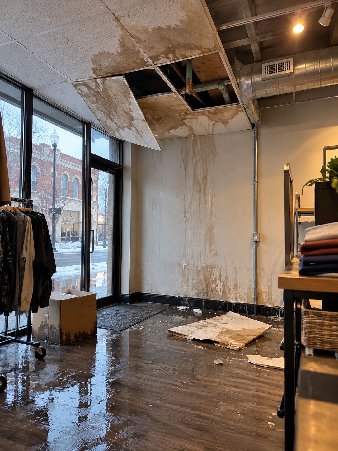Water damage in Downtown, Provo — a copper supply line burst above a ground-floor retail space