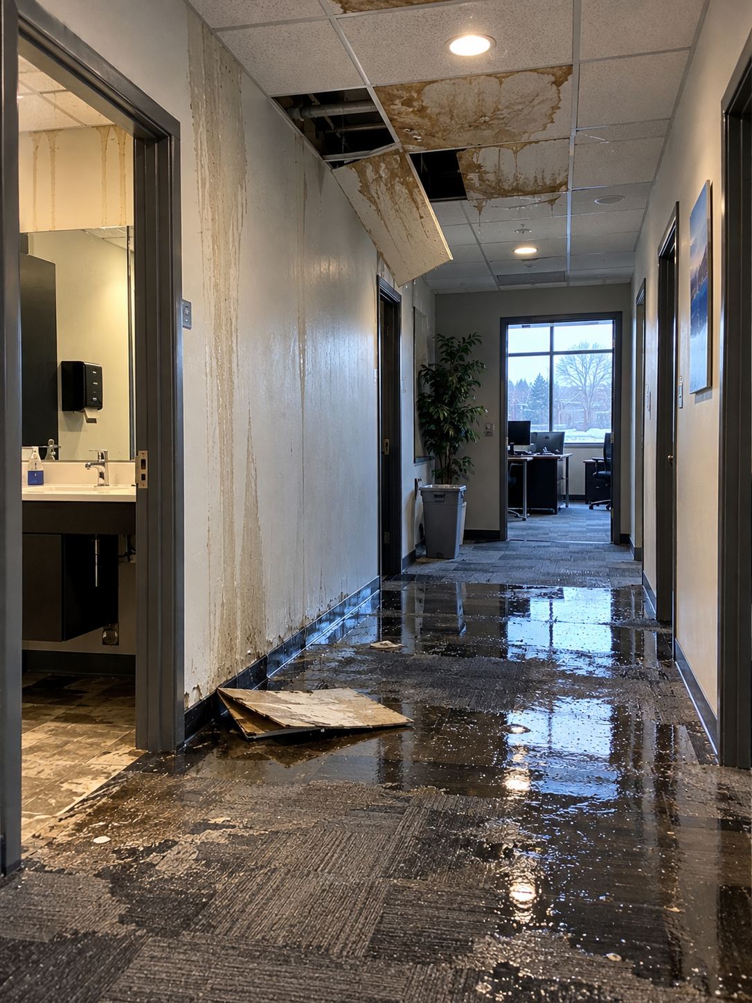 Water damage in East Bay, Provo — a commercial restroom supply line ruptured overnight