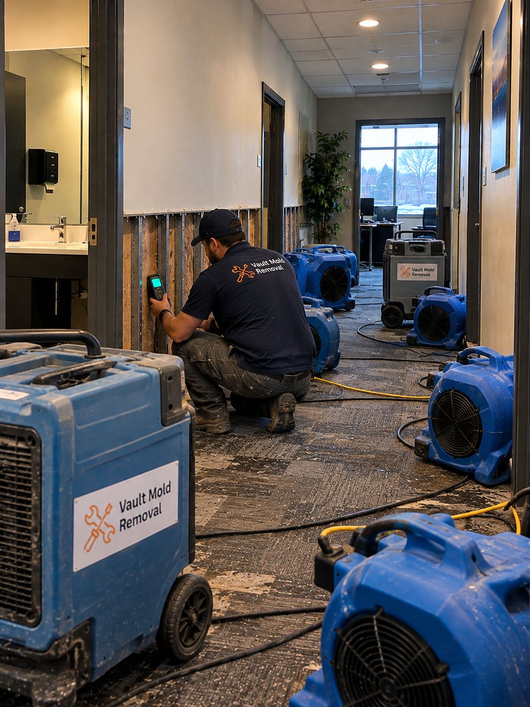 Dehumidifiers and air movers drying out an East Bay, Provo office