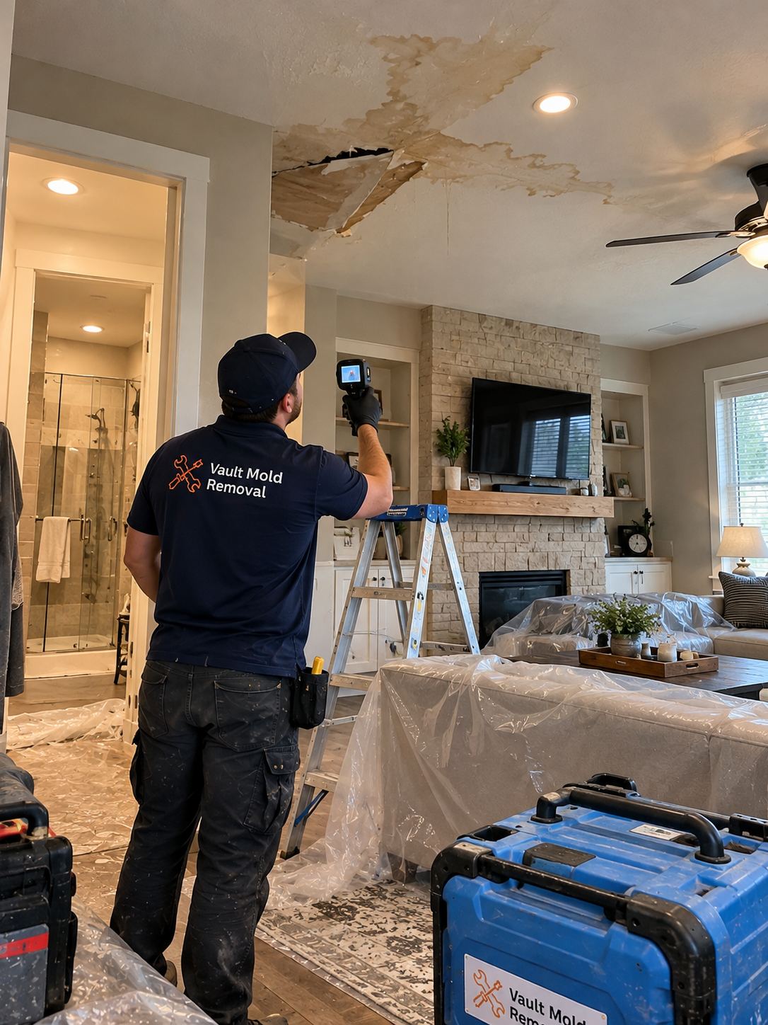 Water damage in Edgemont, Provo — an upstairs shower pan failed, leaking into the ceiling downstairs