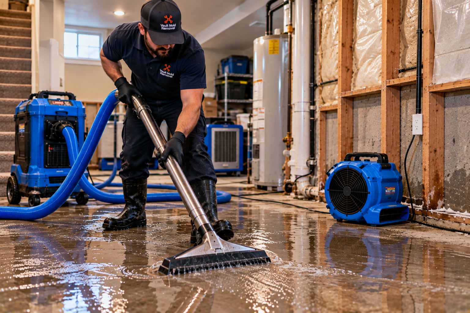 Extracting standing water from a flooded floor — emergency water damage restoration in Lindon, UT