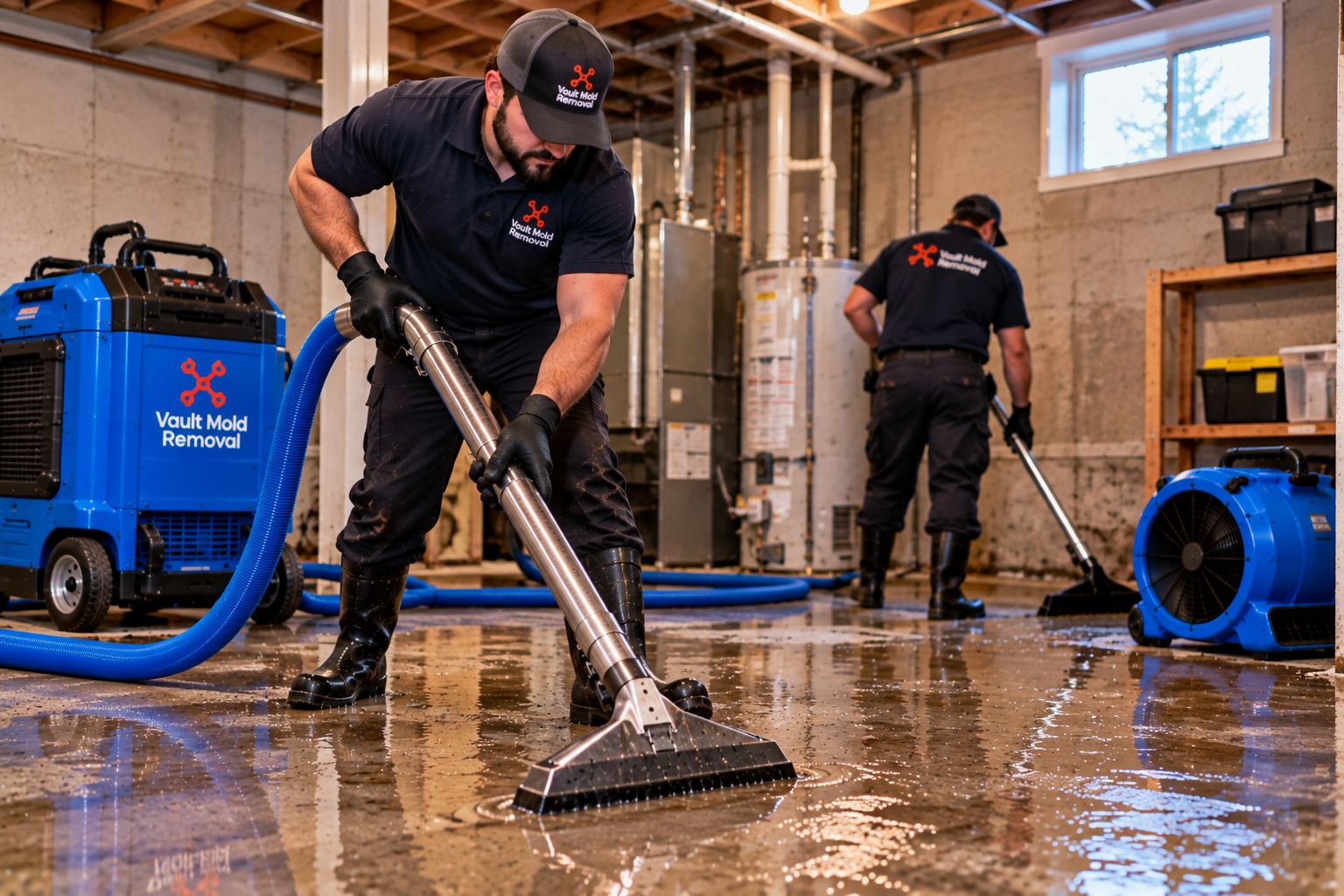 Extracting standing water from a flooded floor — emergency water damage restoration in Mapleton, UT
