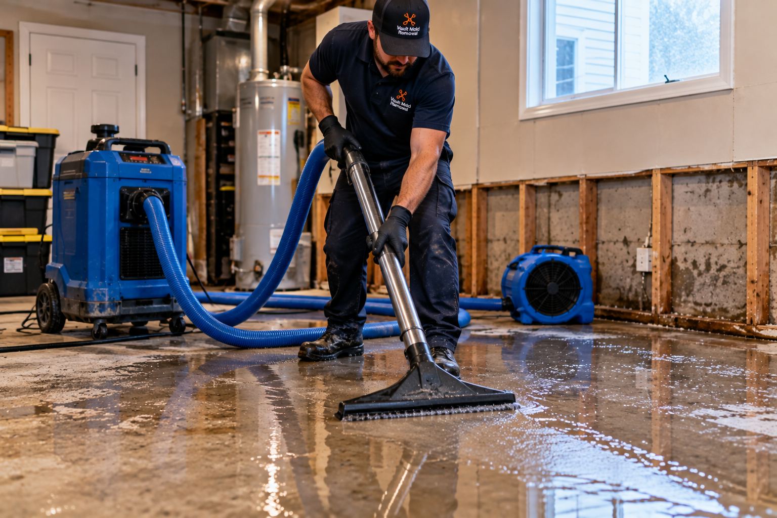 Extracting standing water from a flooded floor — emergency water damage restoration in Orem, UT