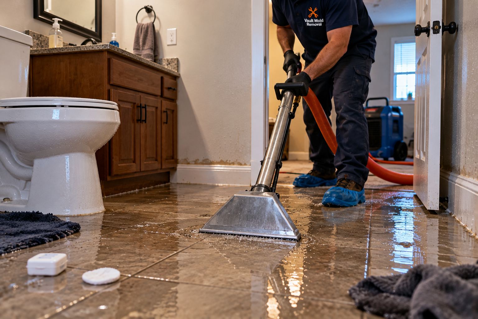 Extracting standing water from a flooded floor — emergency water damage restoration in Provo, UT