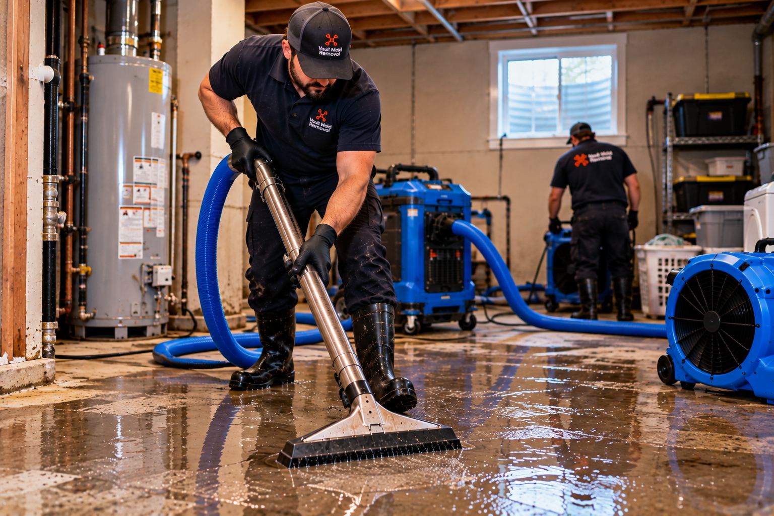 Extracting standing water from a flooded floor — emergency water damage restoration in Springville, UT