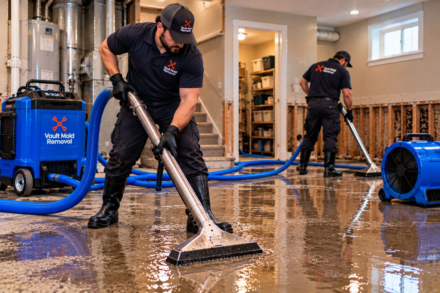 Extracting standing water from a flooded floor — emergency water damage restoration in Vineyard, UT