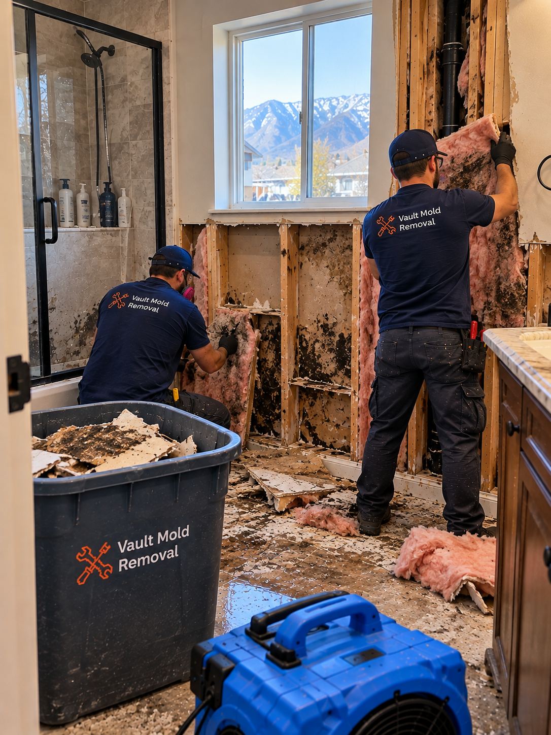 Vault crew at work on a Foothills, Provo storm damage restoration job