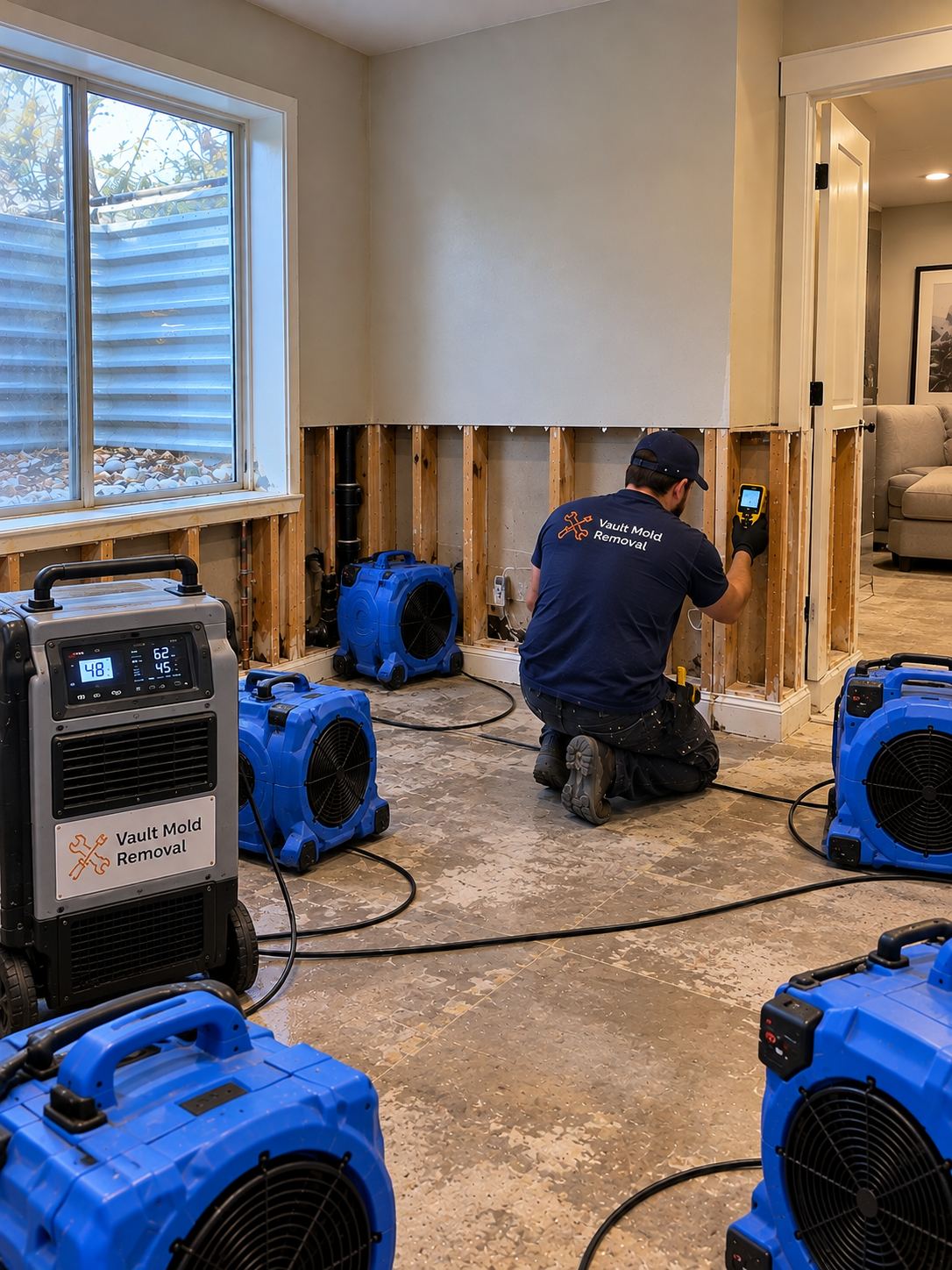 HEPA air scrubber and dehumidifier running during Franklin, Provo mold remediation