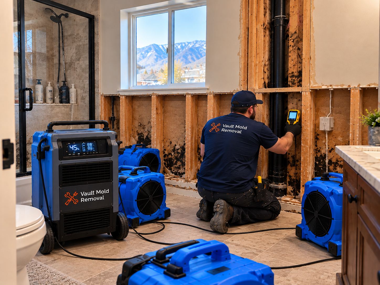 Air movers and LGR dehumidifier drying out a Franklin South, Provo basement after sewage decontamination