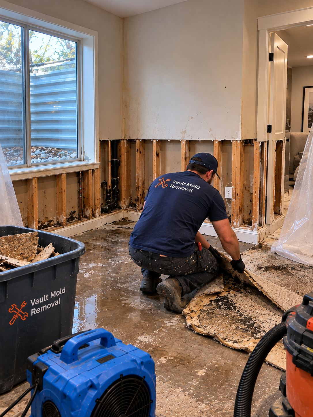 Vault AMRT-certified crew removing moldy drywall inside containment on a Franklin, Provo job