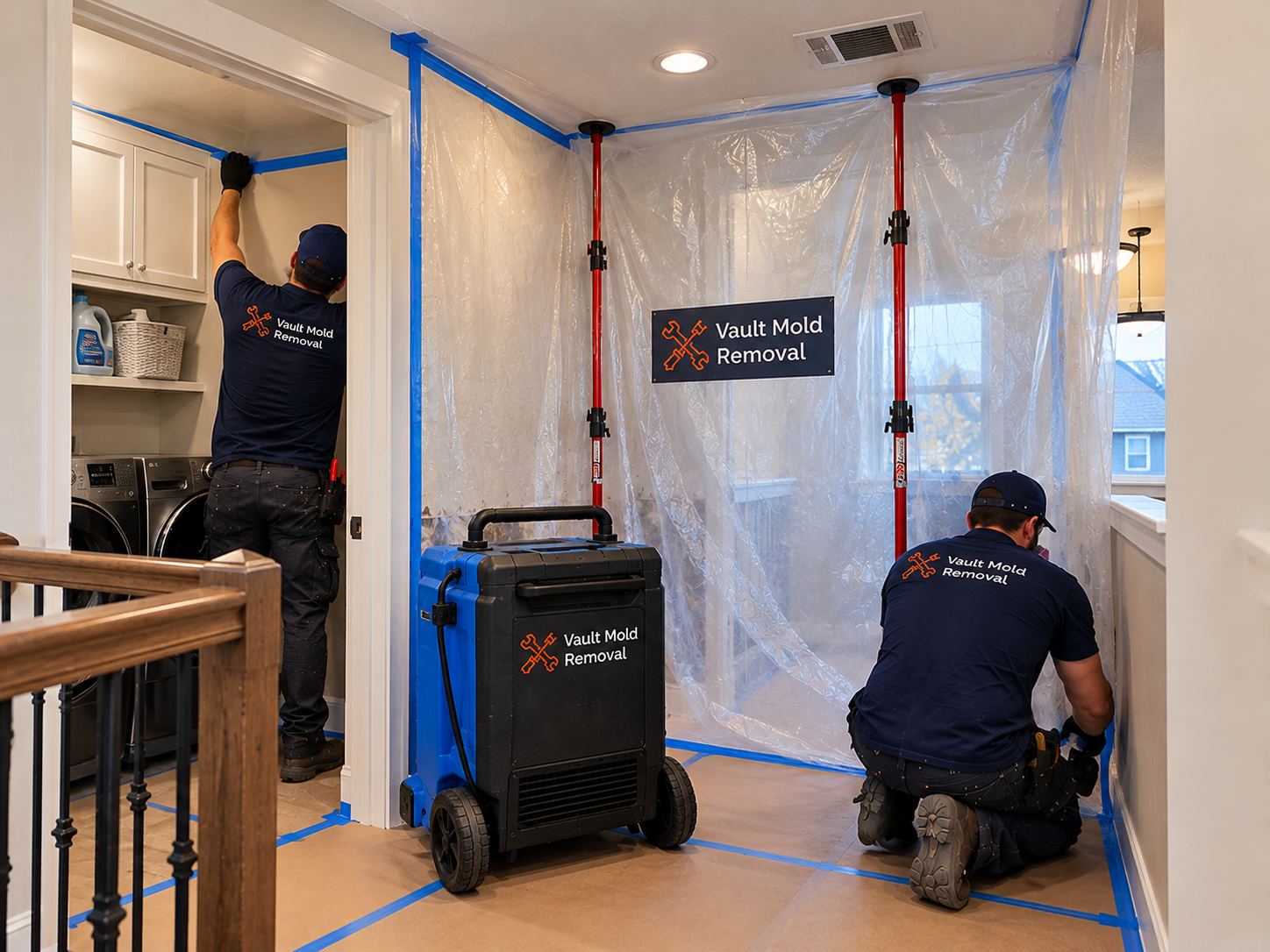 Plastic sheeting and ZipWall containment set up during a Grandview North, Provo laundry supply hose burst water damage job