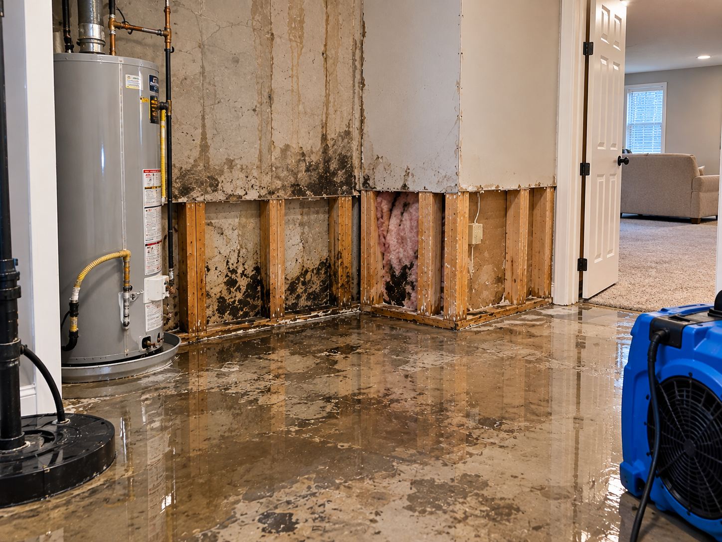 Water damage in Grandview North, Provo — upstairs laundry supply hose burst while homeowners were away, water through two floors at 2200 N / 900 W