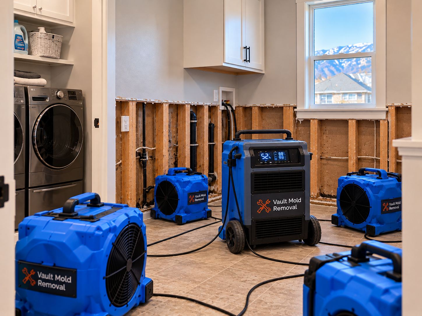 Air movers and LGR dehumidifier drying out a Grandview North, Provo home after a laundry supply hose burst