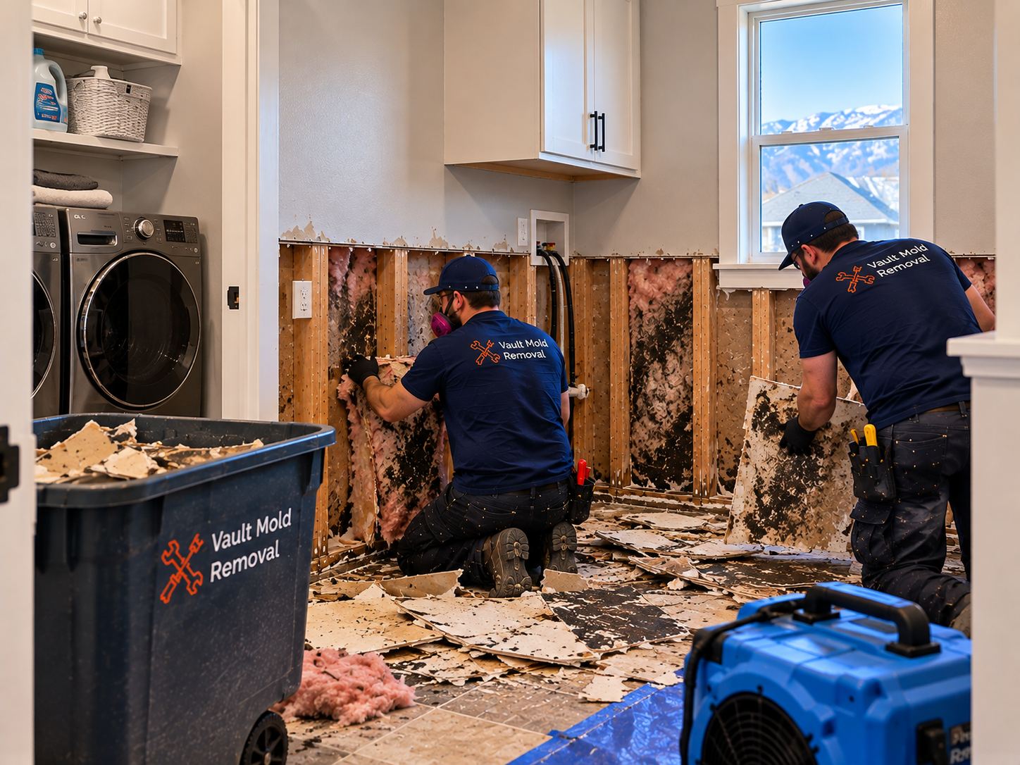 Vault W-2 crew at work on a Grandview North, Provo upstairs laundry burst water damage job