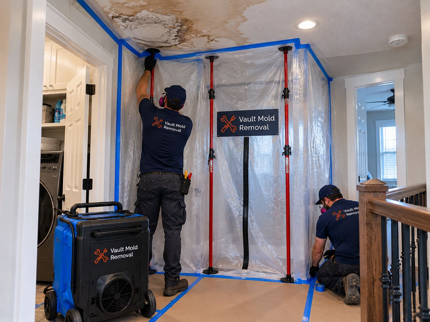 Plastic sheeting and ZipWall containment set up during a Grandview South, Provo water heater rupture water damage job
