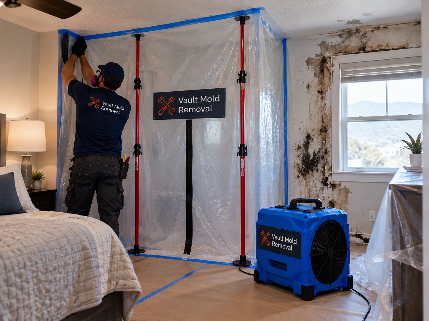 Plastic sheeting and ZipWall containment set up during an Indian Hills, Provo wind-driven rain water damage job