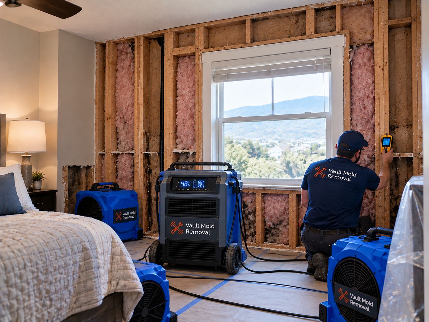 Air movers and LGR dehumidifier drying out an Indian Hills, Provo home after wind-driven rain intrusion