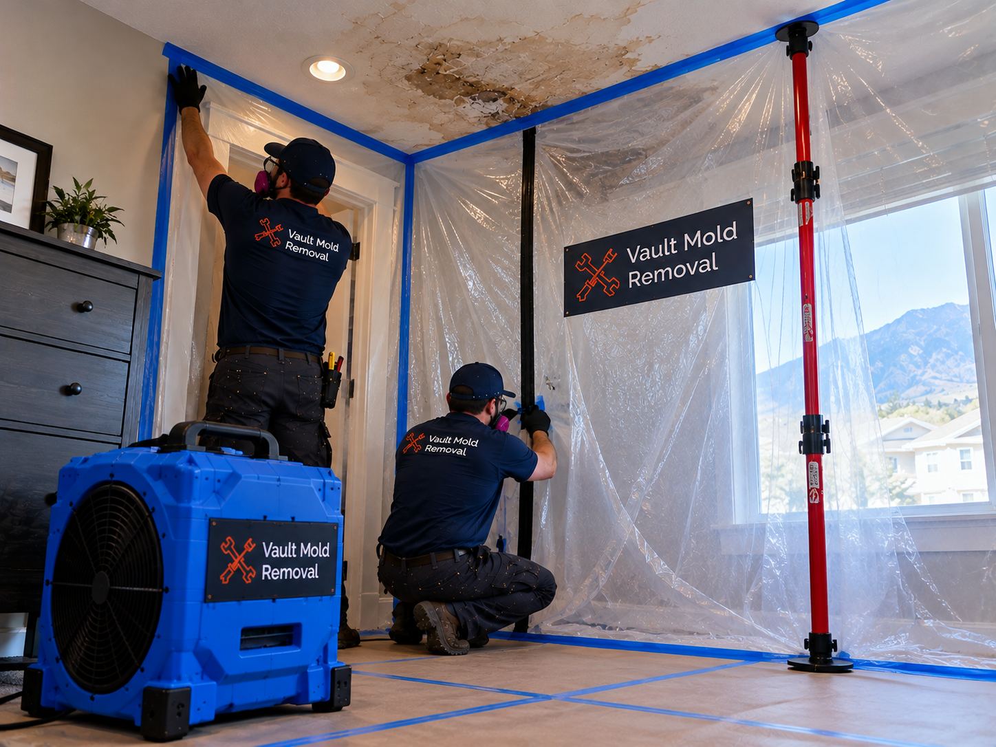 Plastic sheeting and ZipWall containment set up during a Joaquin, Provo cross-unit water damage job
