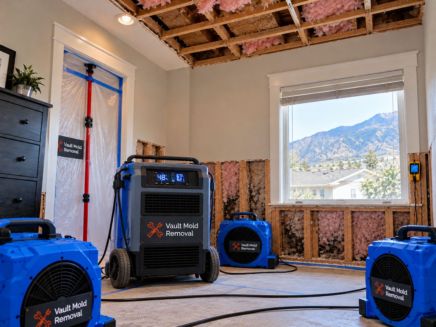 Air movers and LGR dehumidifier drying out a Joaquin, Provo rental after upstairs drain leak