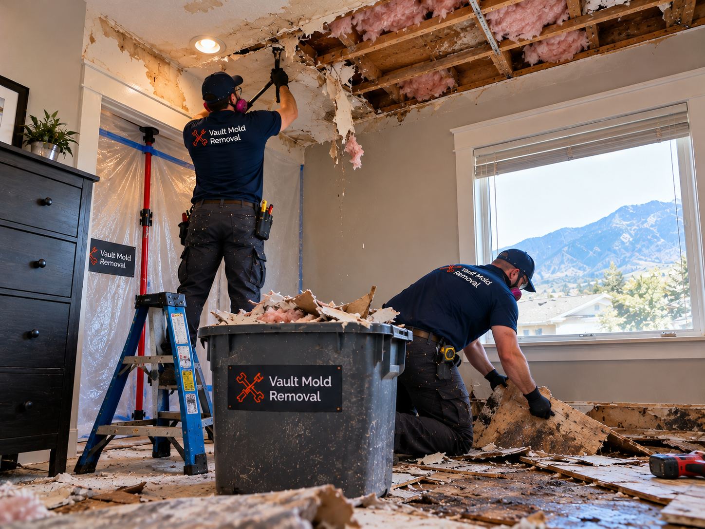 Vault W-2 crew at work on a Joaquin, Provo upstairs bath drain leak water damage job