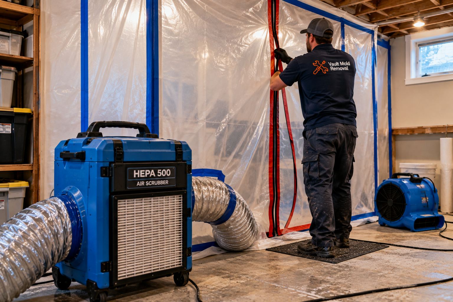Sealed plastic containment with a zipper door during mold remediation in Orem, UT