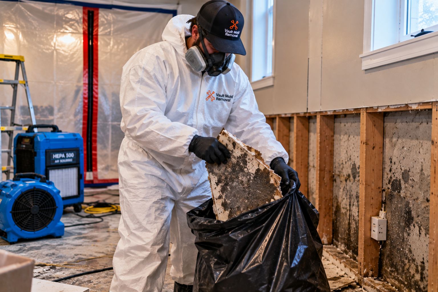 Technician in protective gear removing moldy drywall during mold remediation in Orem, UT