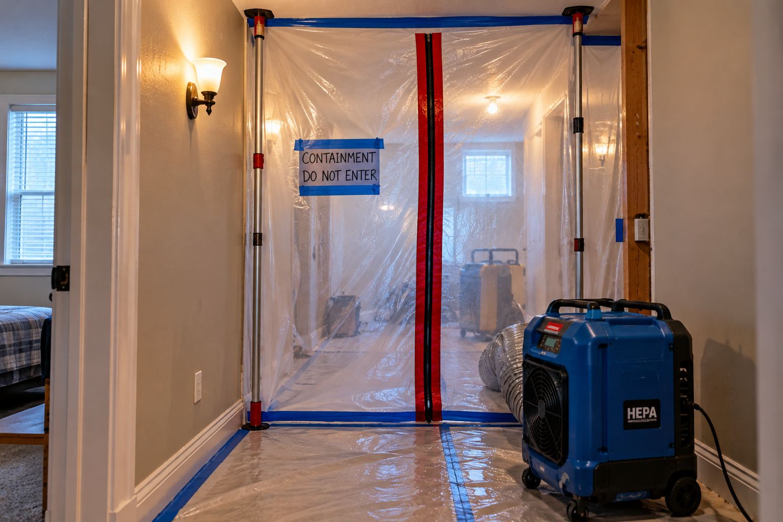 Sealed plastic containment with a zipper door during mold remediation in Provo, UT