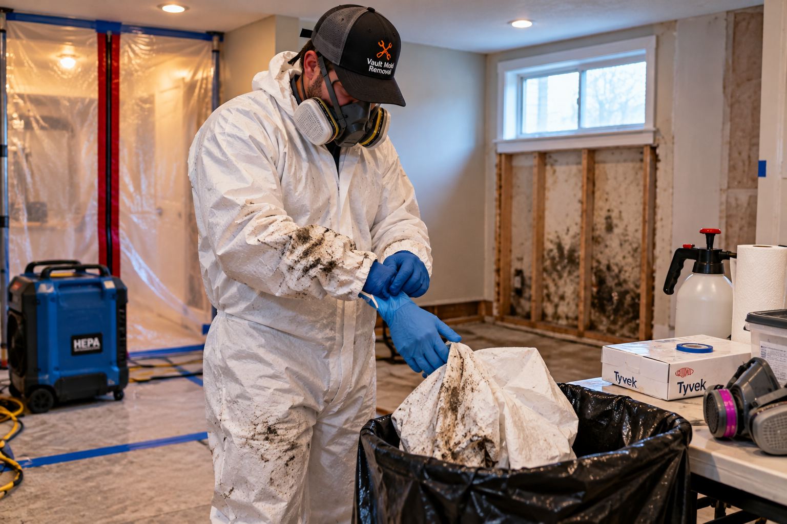 Technician in protective gear removing moldy drywall during mold remediation in Provo, UT