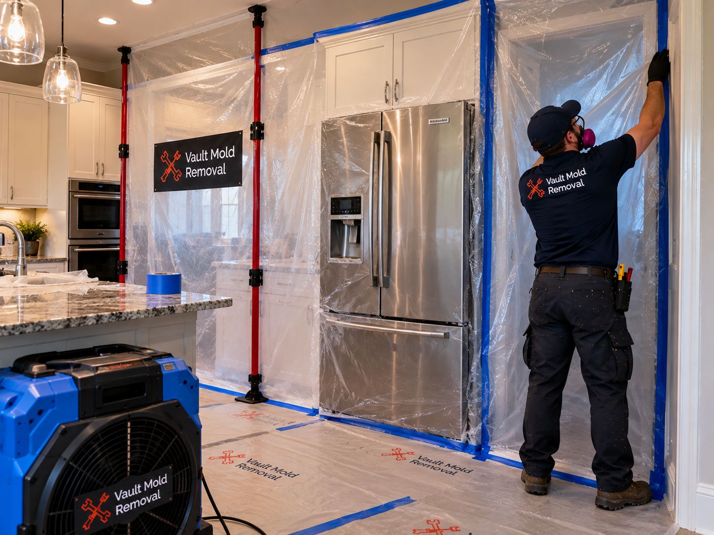 Plastic sheeting and ZipWall containment set up during an Oak Hills, Provo fridge-line leak water damage job