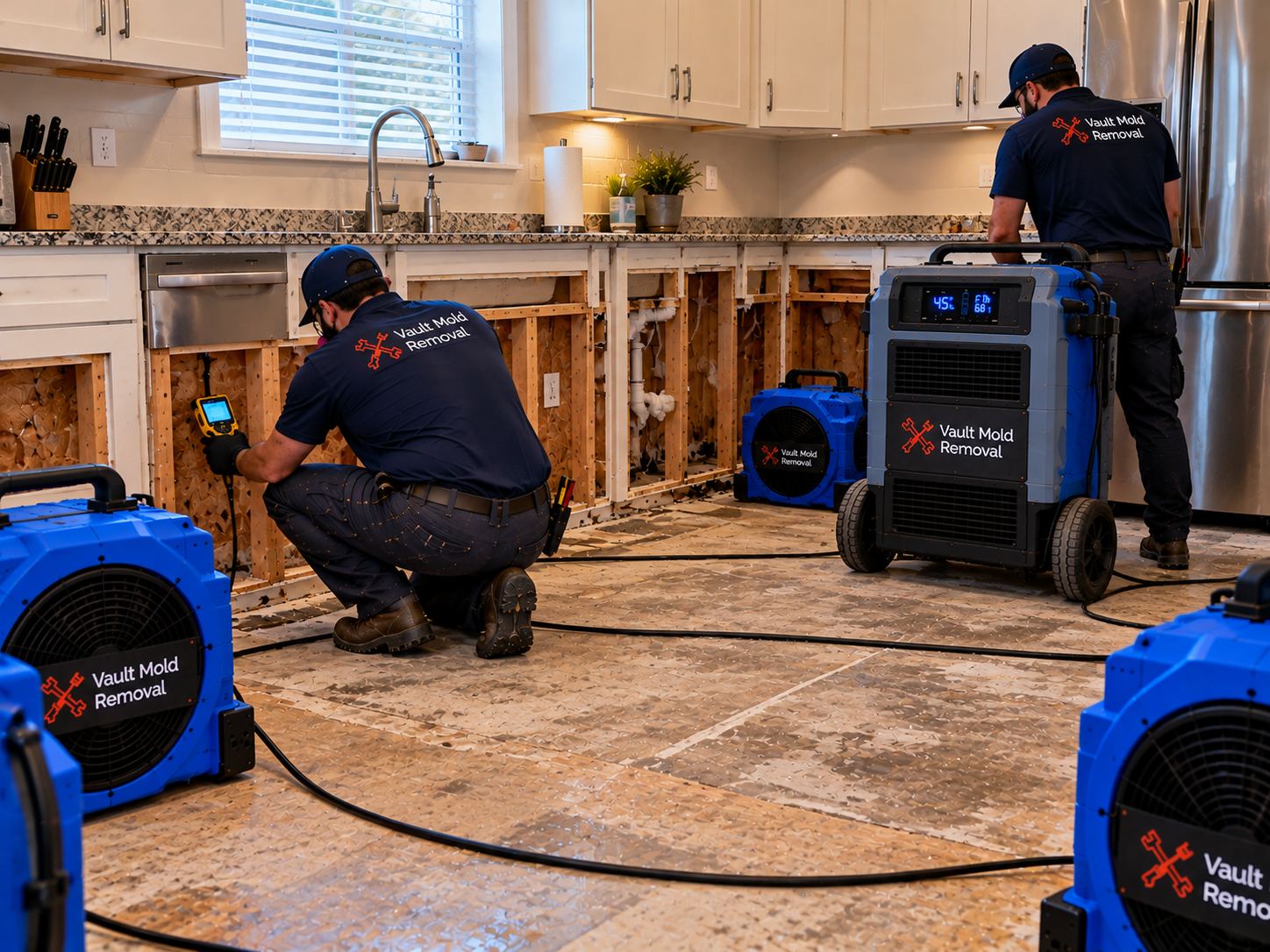 Air movers and LGR dehumidifier drying out an Oak Hills, Provo kitchen after a fridge supply line leak