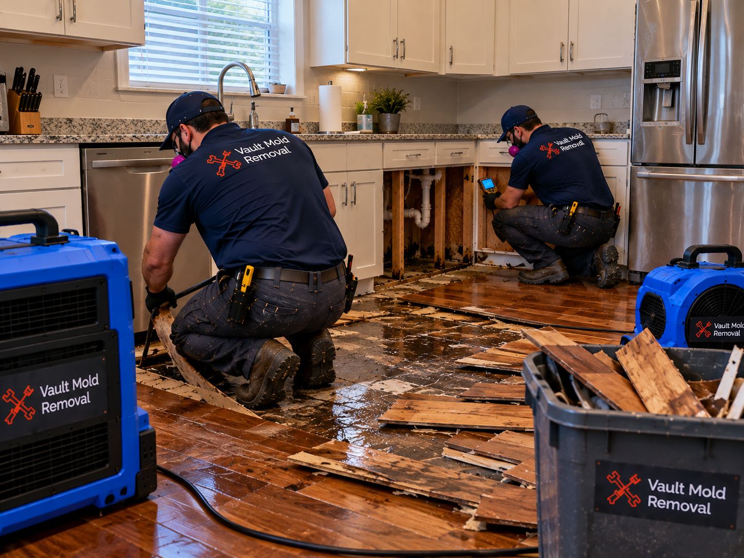 Vault W-2 crew at work on an Oak Hills, Provo refrigerator leak water damage job