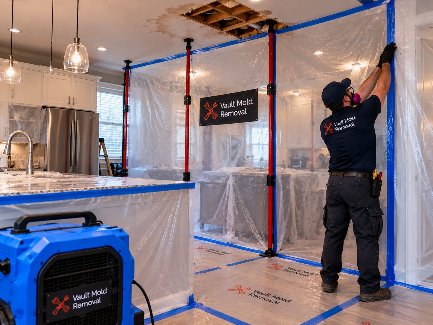 Plastic sheeting and ZipWall containment set up during a Provost, Provo bathtub overflow water damage job