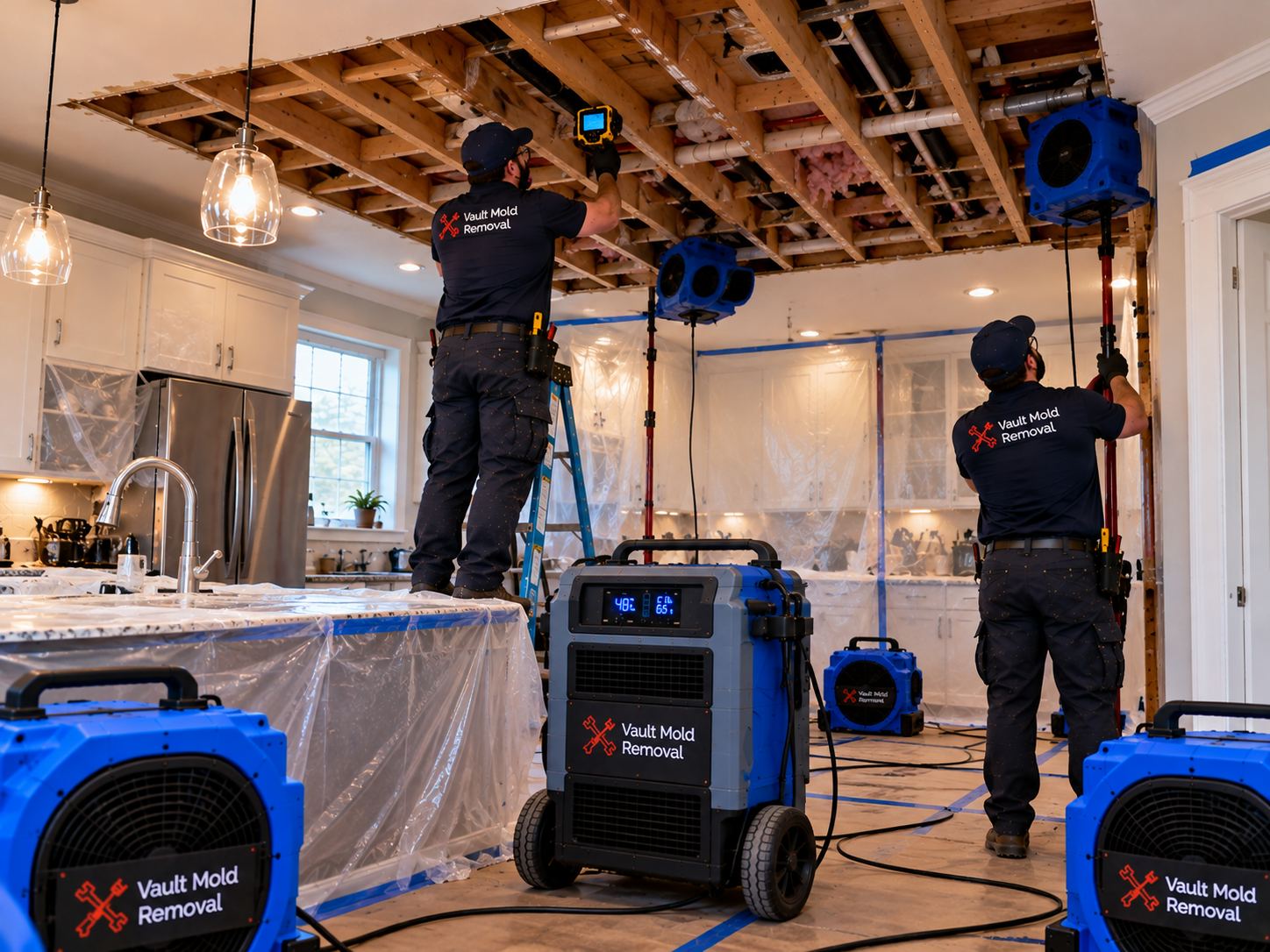 Air movers and LGR dehumidifier drying out a Provost, Provo home after upstairs bathtub overflow