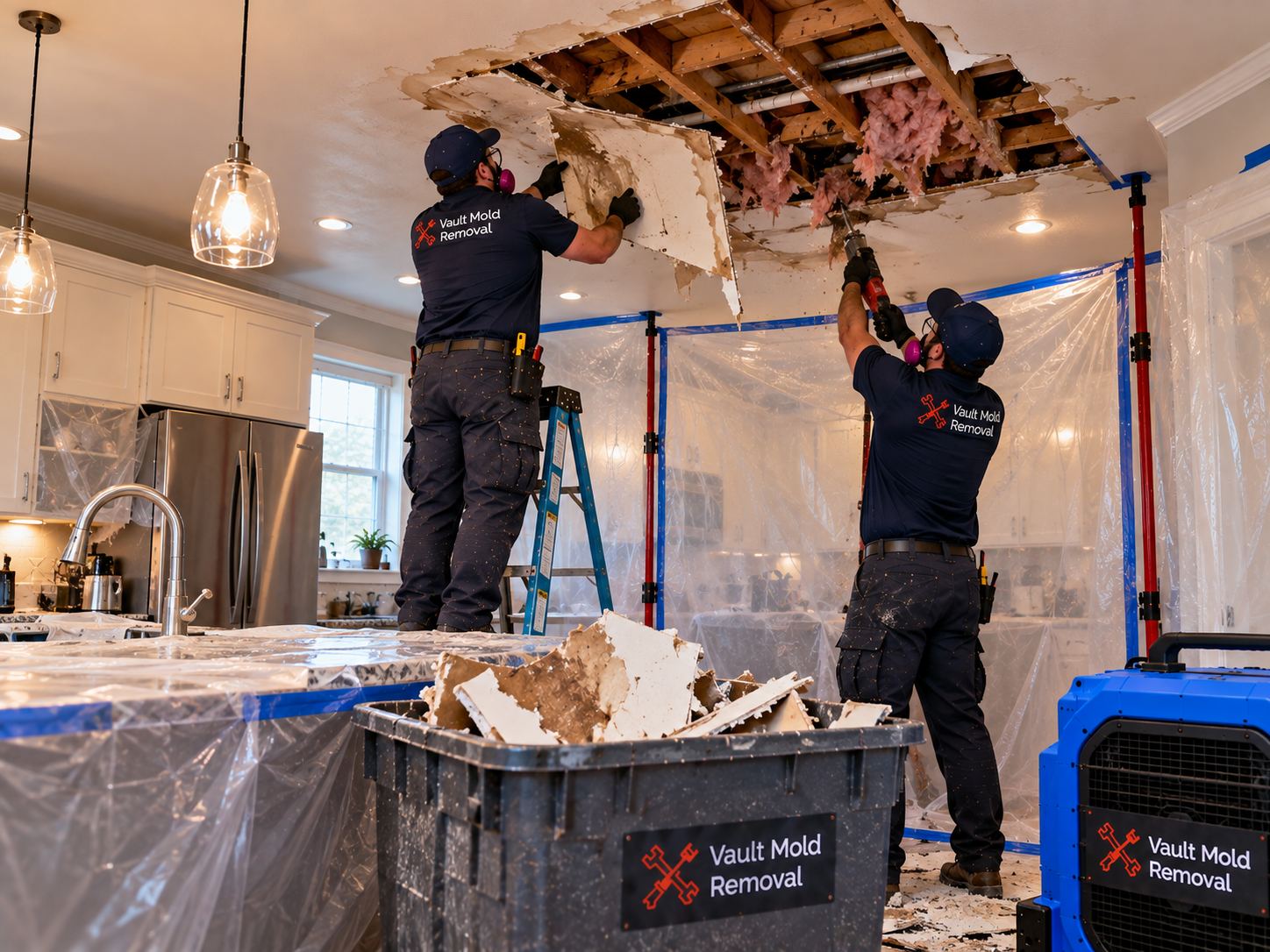 Vault W-2 crew at work on a Provost, Provo upstairs bathtub overflow water damage job
