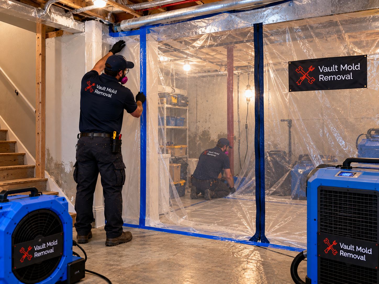 Plastic sheeting and ZipWall containment set up during a Riverbottoms, Provo basement seepage water damage job