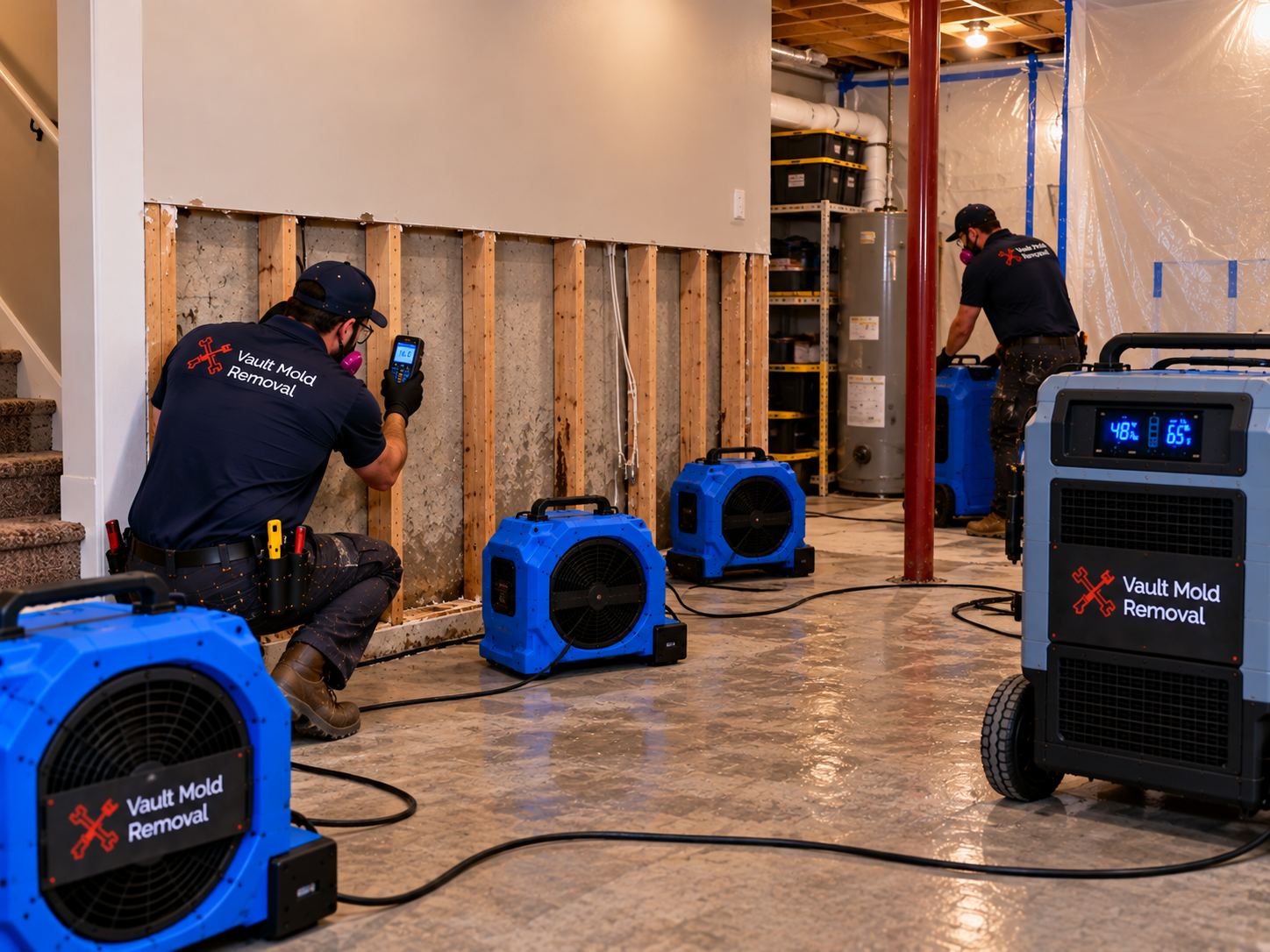 Air movers and LGR dehumidifier drying out a Riverbottoms, Provo basement after seepage