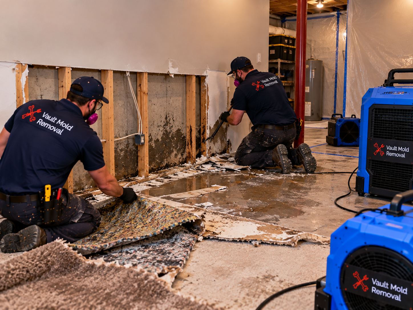 Vault W-2 crew at work on a Riverbottoms, Provo basement seepage water damage job