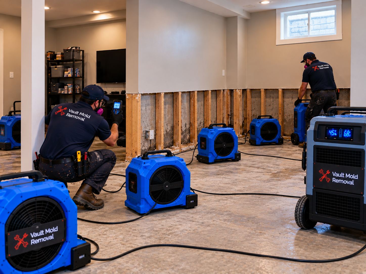 Air movers and LGR dehumidifier drying out a Rivergrove, Provo basement after sump pump failure