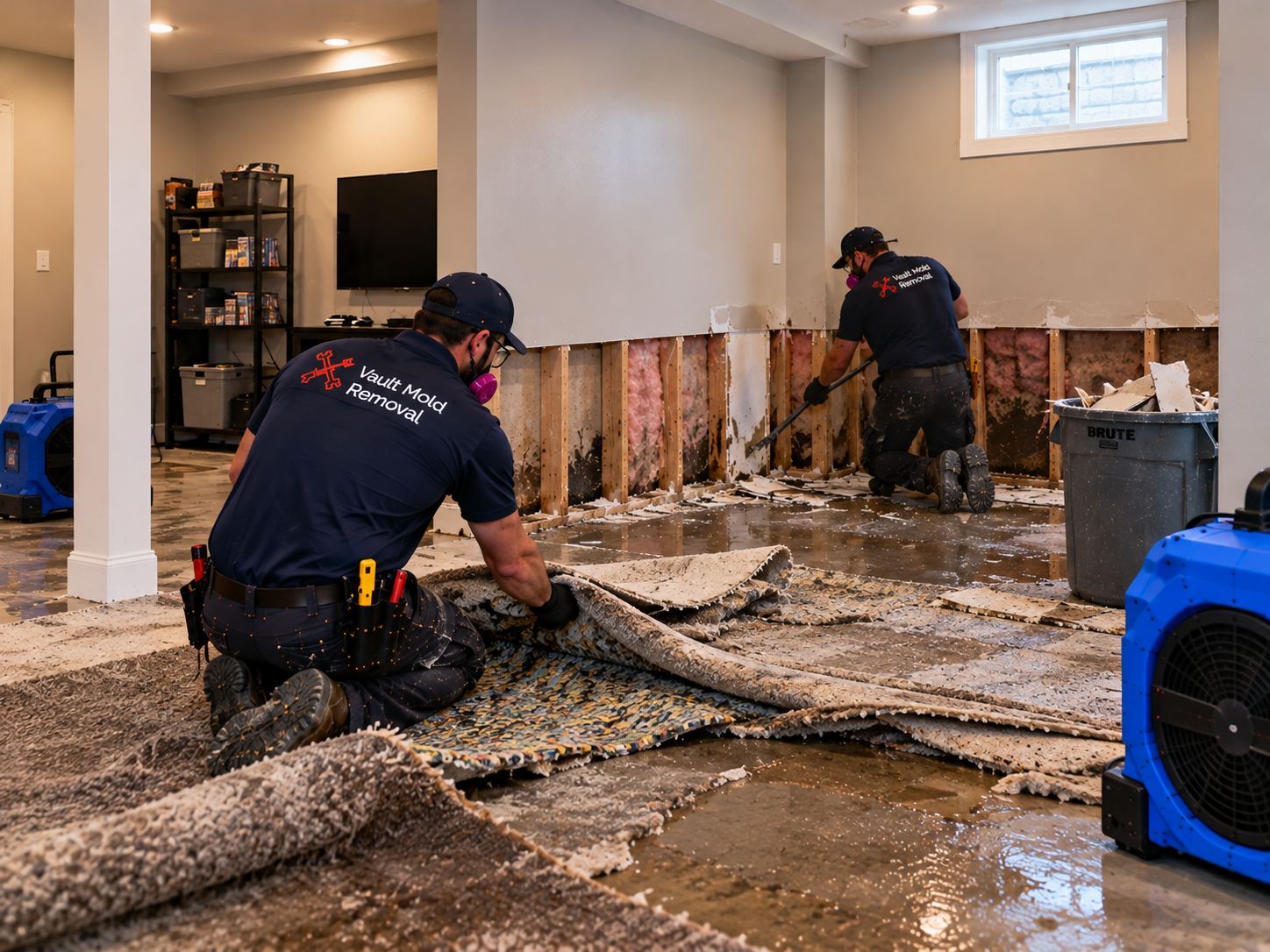 Vault W-2 crew at work on a Rivergrove, Provo basement sump pump failure water damage job