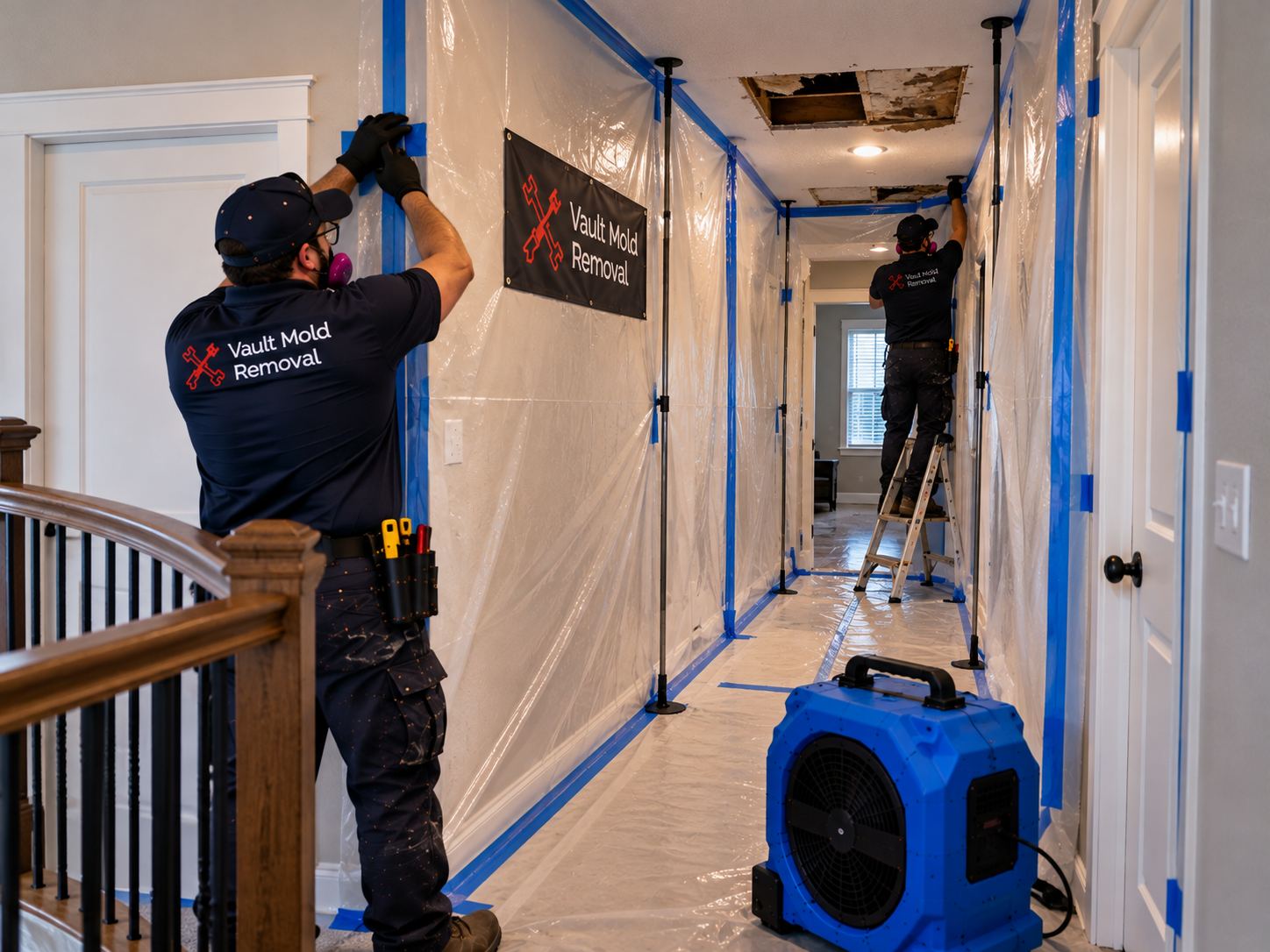 Plastic sheeting and ZipWall containment set up during a Rock Canyon, Provo ice dam water damage job