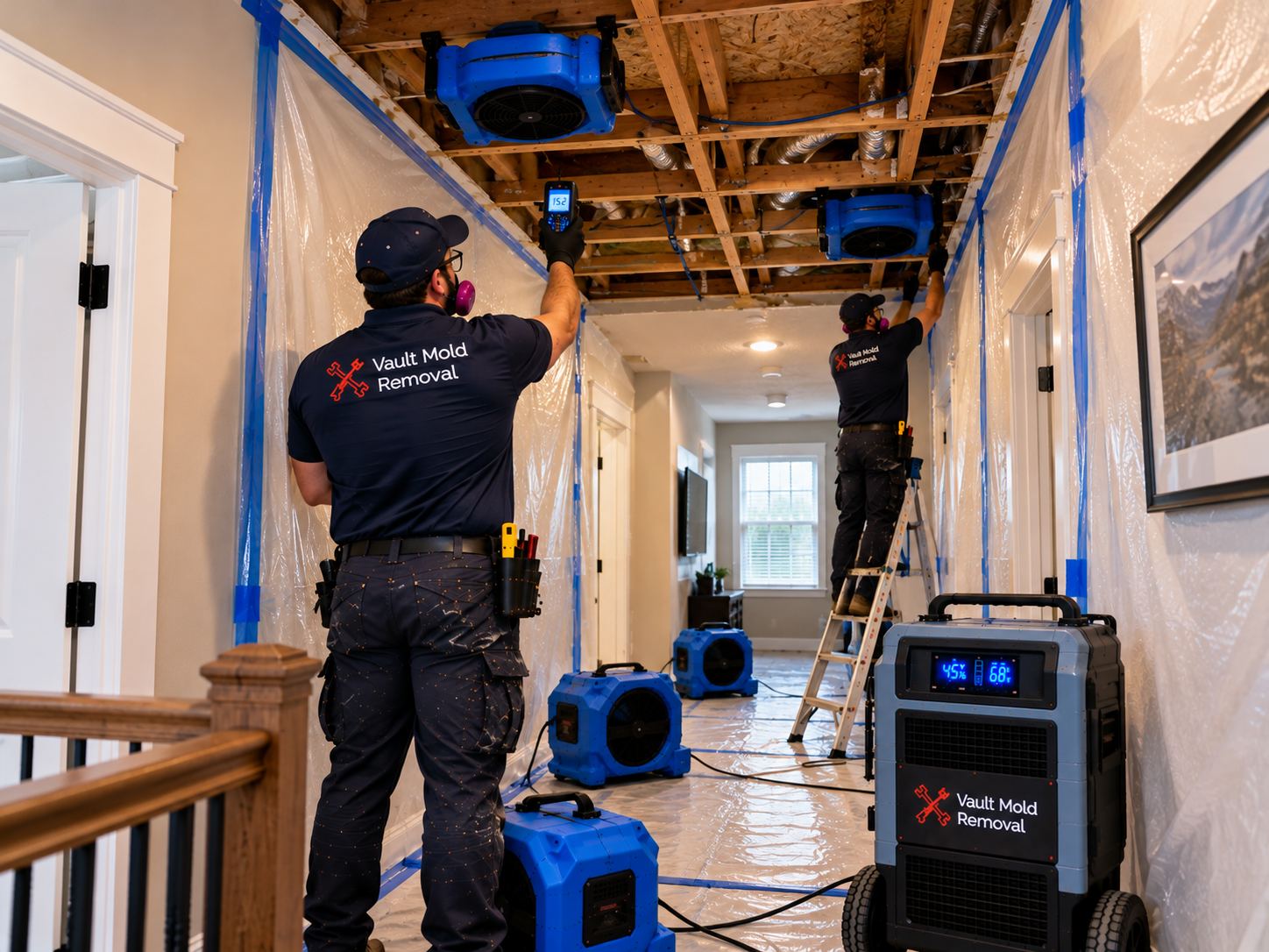 Air movers and LGR dehumidifier drying out a Rock Canyon, Provo home after ice dam intrusion