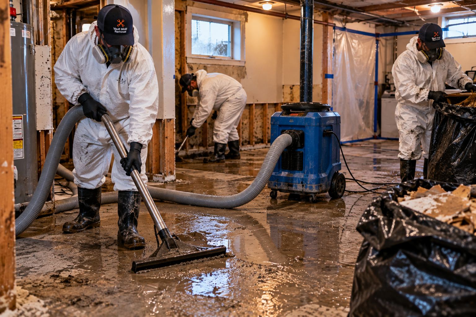 Technician in full PPE before sewage cleanup during sewage cleanup in Provo, UT