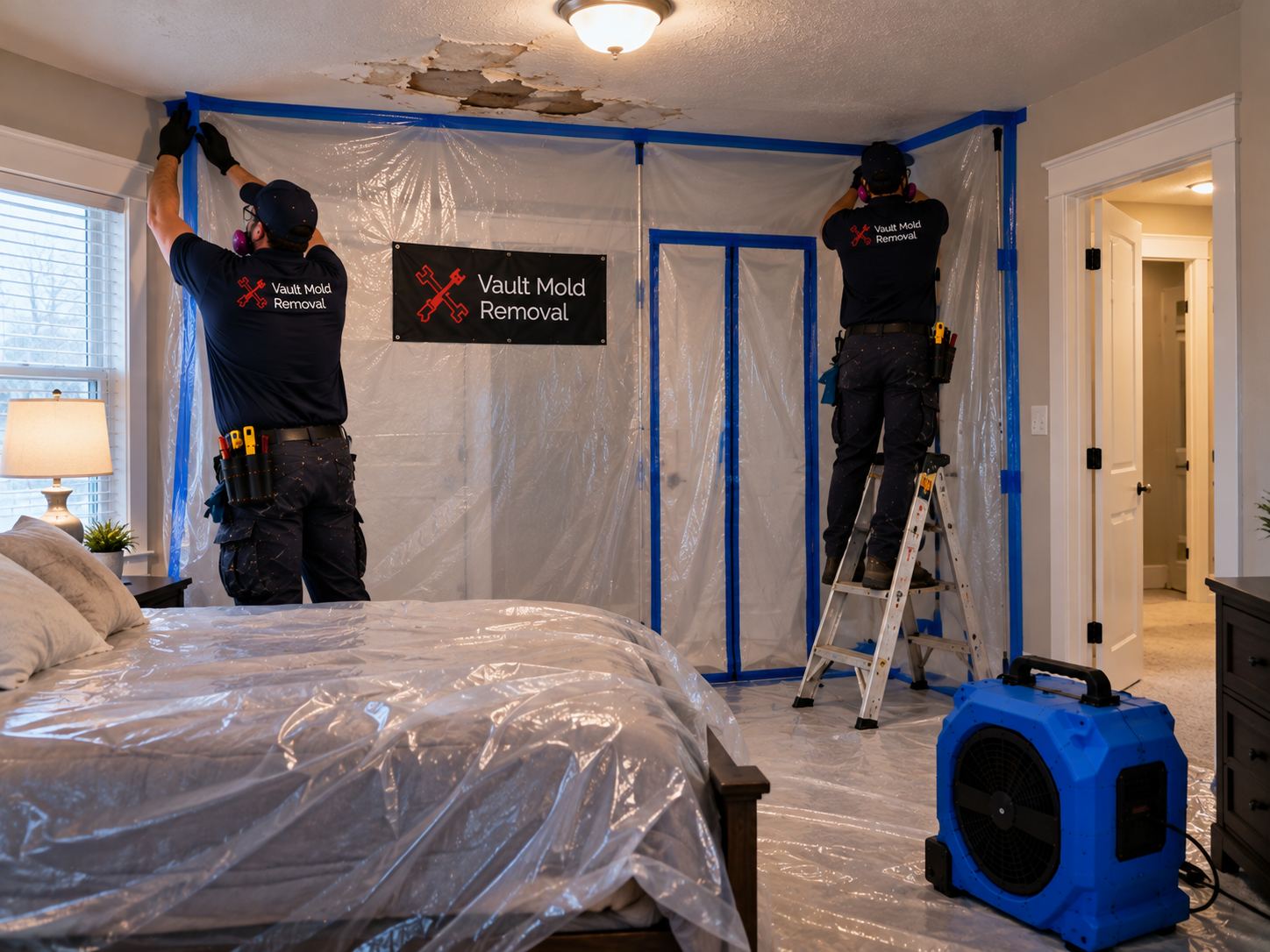Plastic sheeting and ZipWall containment set up during a Sherwood Hills, Provo roof leak water damage job
