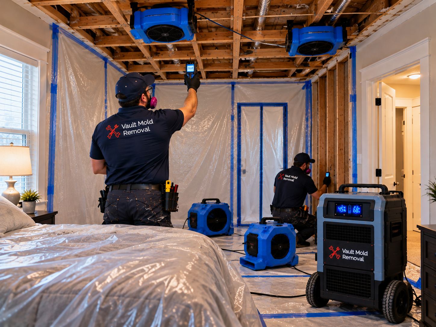 Air movers and LGR dehumidifier drying out a Sherwood Hills, Provo home after a roof flashing leak